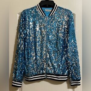 Anna-Kaci California Women’s Sequin Blue Silver Bomber Full Zip Up Jacket M